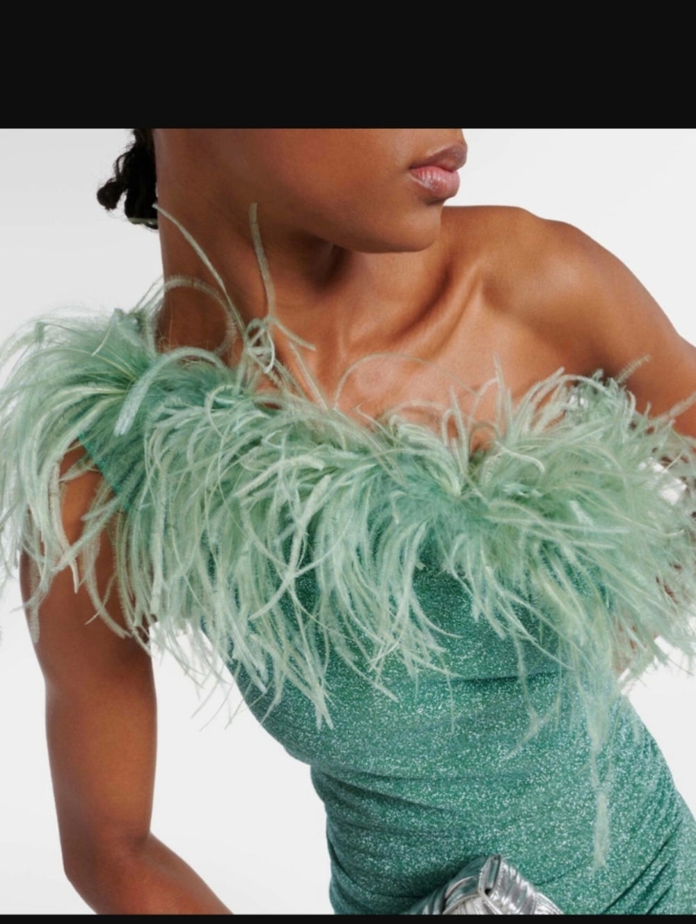 Oseree Plumage One-Shoulder Feather Trim Maxi Dress in Mint - Picture 2 of 6